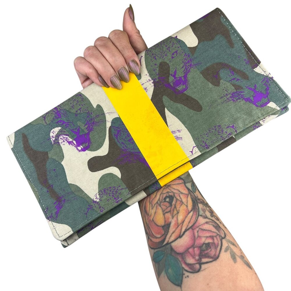 Totem Salvaged Camo, Stripe and Screen Printed Leopard Clutch Purse, $195 retail